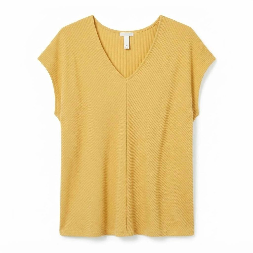 Ava & Viv Womens 2X Mustard Yellow Ribbed V-Neck Cap Sleeve Knit Top